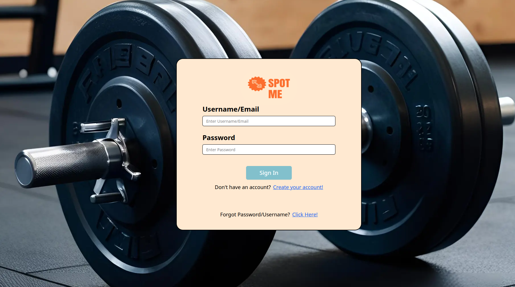 Login page for SpotMe App